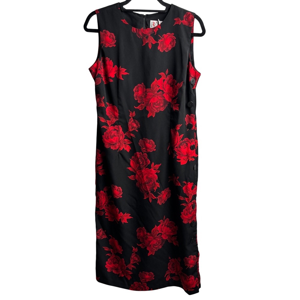 VTG 90s Red Rose Floral Black Sleeveless Sheath Maxi Dress 10 P Dark Romantic